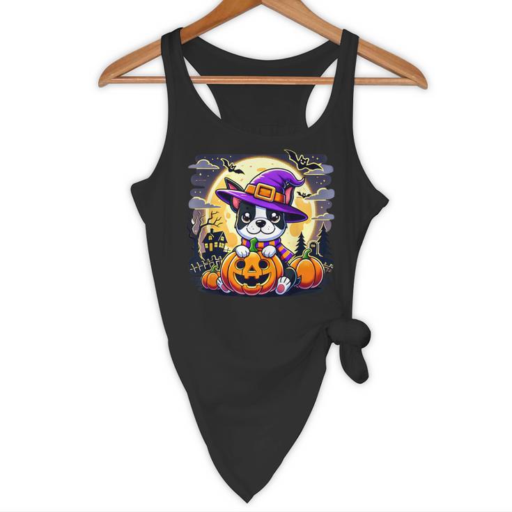 Halloween Boston Terrier Dog Breed With Jack O' Lantern Art Flowy Tank, novelty gifts, funny gifts