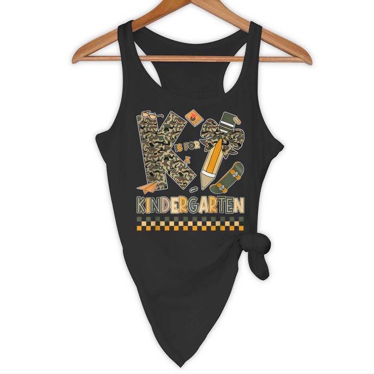K Is For Kindergarten Teacher Coquette Bow Camo Flowy Tank, novelty gifts, funny gifts