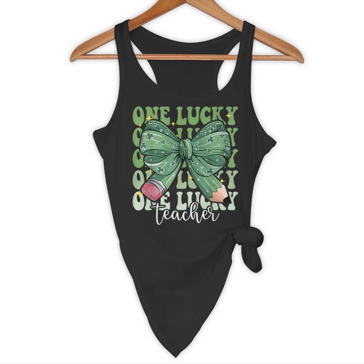 One Lucky Teacher Coquette Bow St Patricks Day Teacher Flowy Tank, novelty gifts, funny gifts