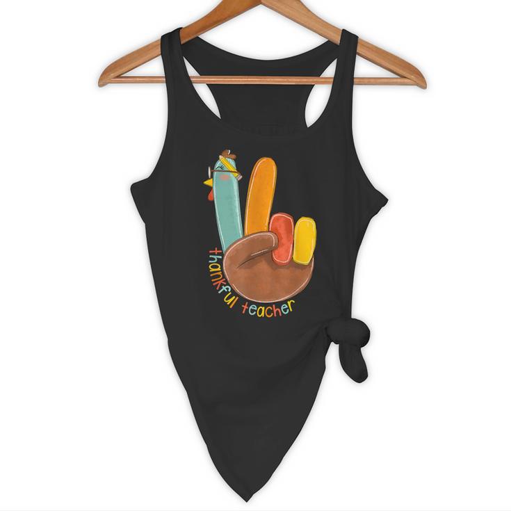 One Thankful Teacher Thanksgiving Turkey Peace Hand Sign Flowy Tank, novelty gifts, funny gifts One Thankful Teacher Thanksgiving Turkey Peace Hand Sign Flowy Tank, novelty gifts, funny gifts
