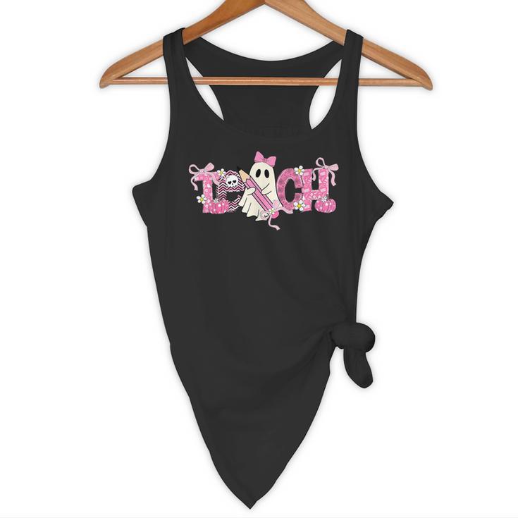 Pink Ghost Teach Halloween Teacher In Spooky Season Flowy Tank, novelty gifts, funny gifts
