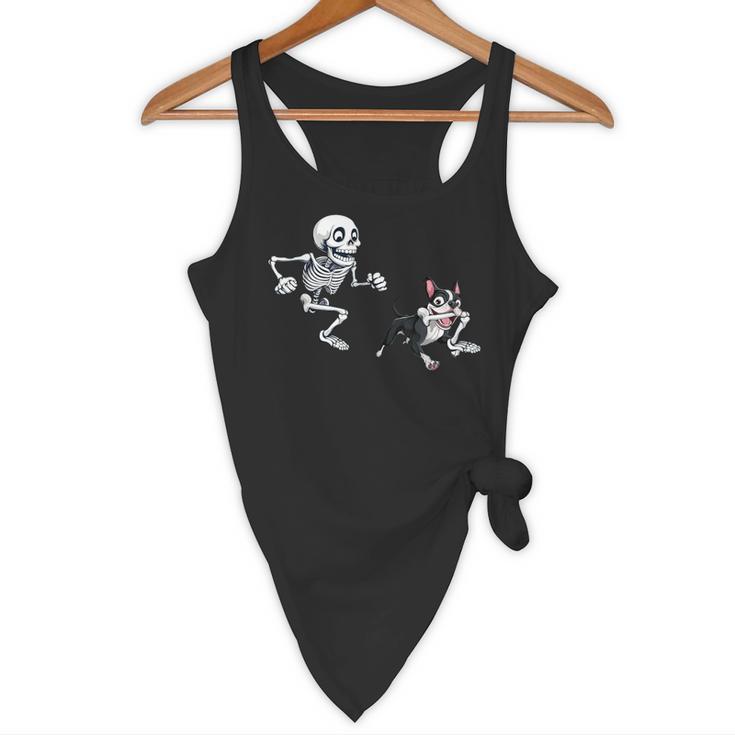 Skeleton Chasing Dog Boston Terrier Halloween Pet Lover Flowy Tank, novelty gifts, funny gifts