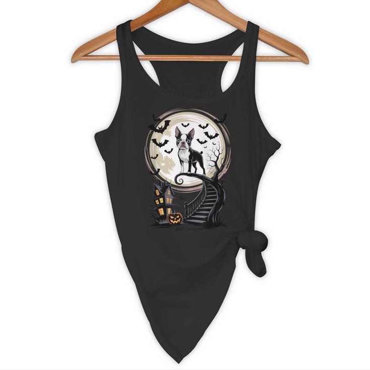 Spooky Halloween Moon Boston Terrier Boston Bull Bostie Flowy Tank, novelty gifts, funny gifts