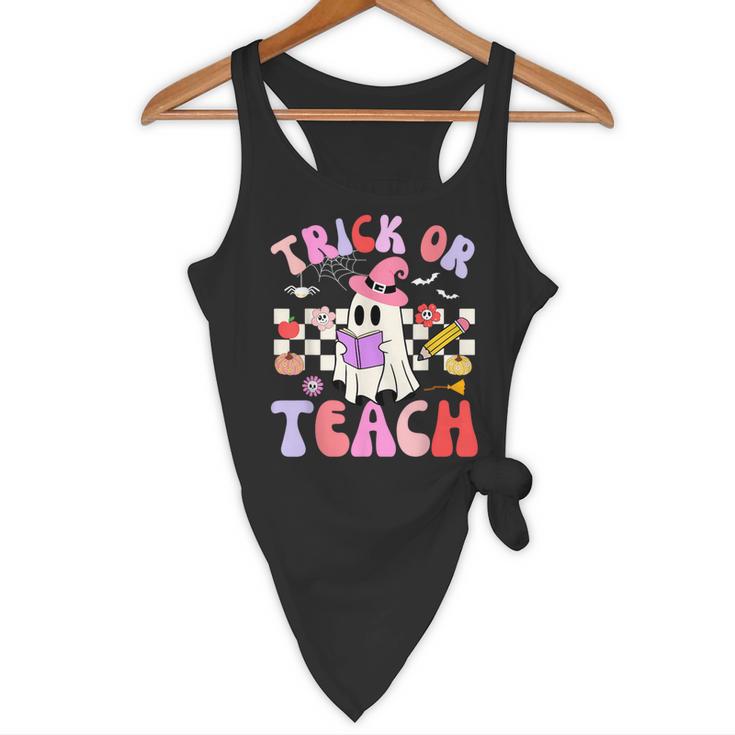 Trick Or Teach Halloween Teacher Floral Ghost Groovy Flowy Tank, novelty gifts, funny gifts Trick Or Teach Halloween Teacher Floral Ghost Groovy Flowy Tank, novelty gifts, funny gifts