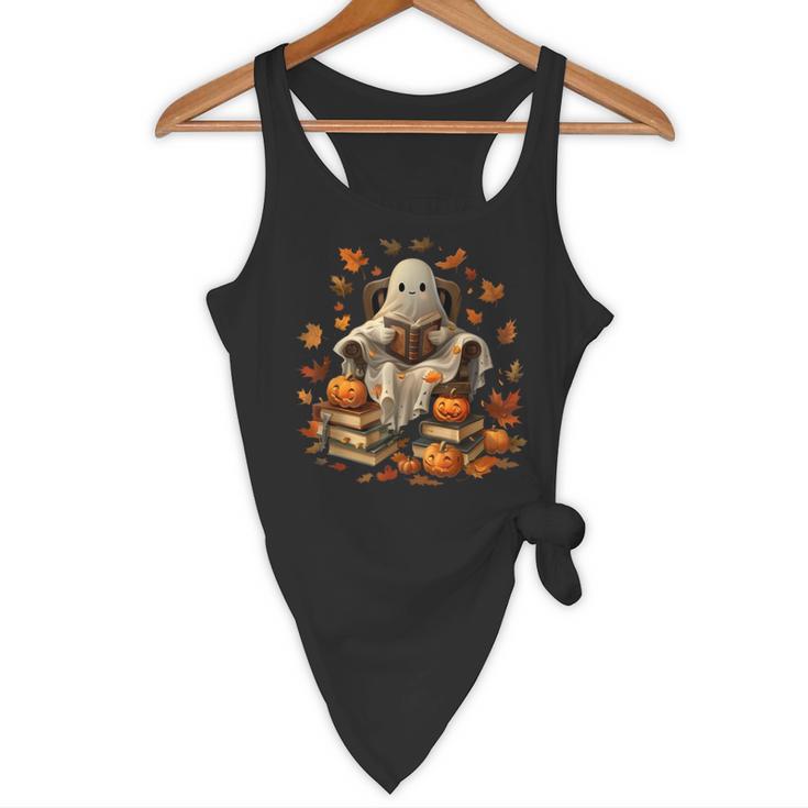 Vintage Ghost Book Reading Pumpkin Gothic Halloween Teachers Men Women Kids Flowy Tank, novelty gifts, funny gifts