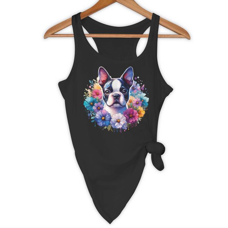 Watercolor Floral Boston Terrier Mama Dog Lover Mother's Day Flowy Tank, novelty gifts, funny gifts