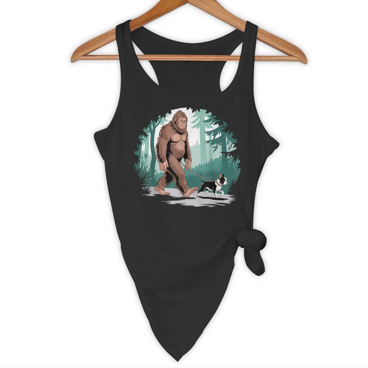 Whimsical Forest Adventures Sasquatch Bigfoot Walking Boston Terrier Dog Lovers Flowy Tank, novelty gifts, funny gifts