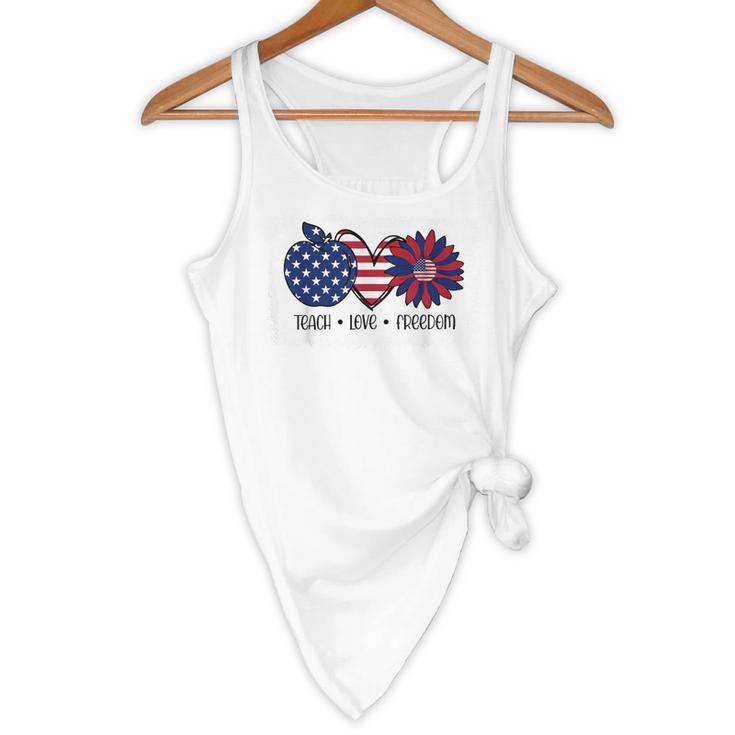 American Flag Teach Love Freedom Preschool Teacher 4th July Flowy Tank, novelty gifts, funny gifts