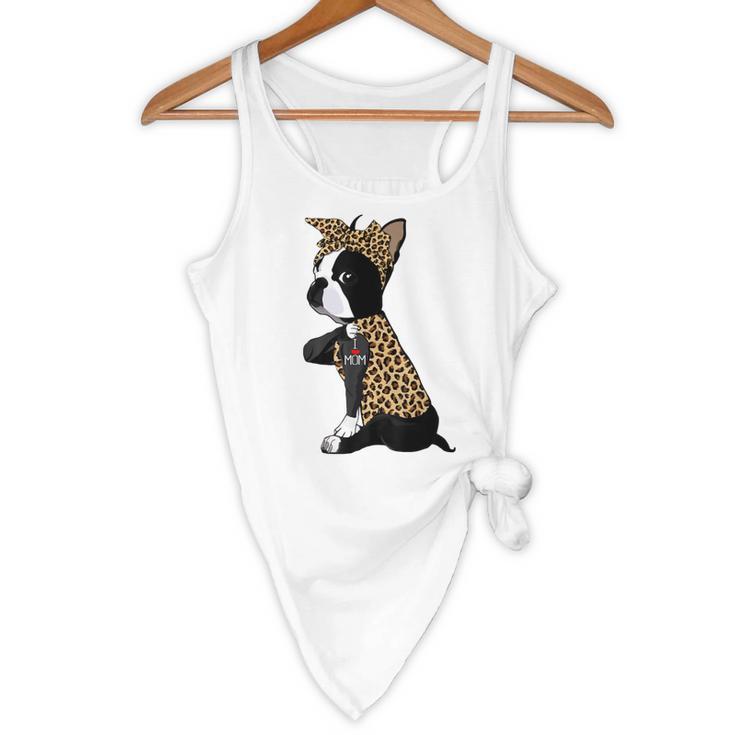 Boston Terrier Lover I Love Mom Tattoo Leopard Flowy Tank, novelty gifts, funny gifts