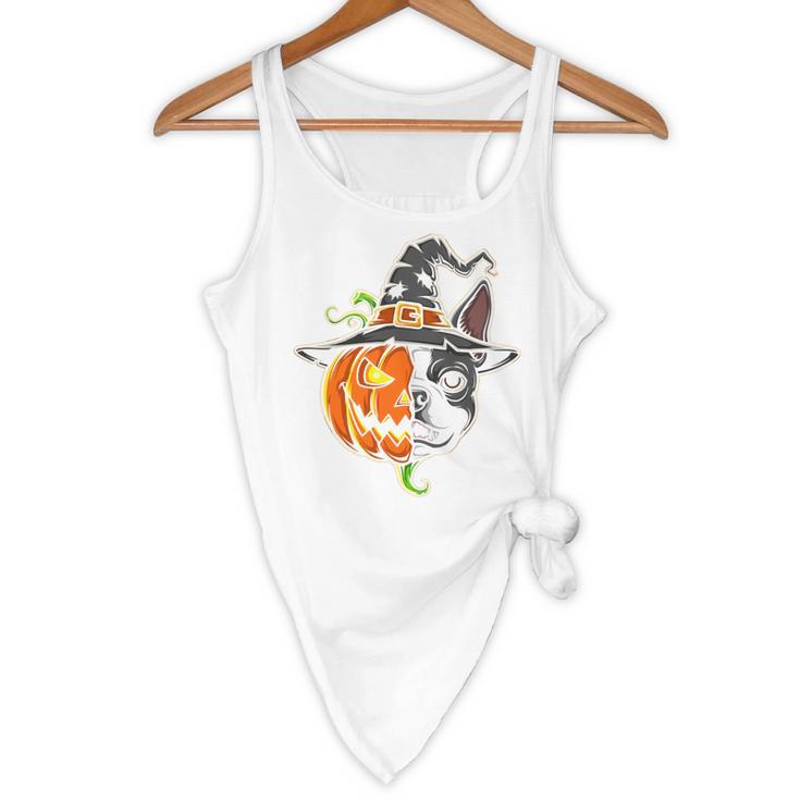 Boston Terrier Pumpkin Jack O Lantern Halloween Flowy Tank, novelty gifts, funny gifts