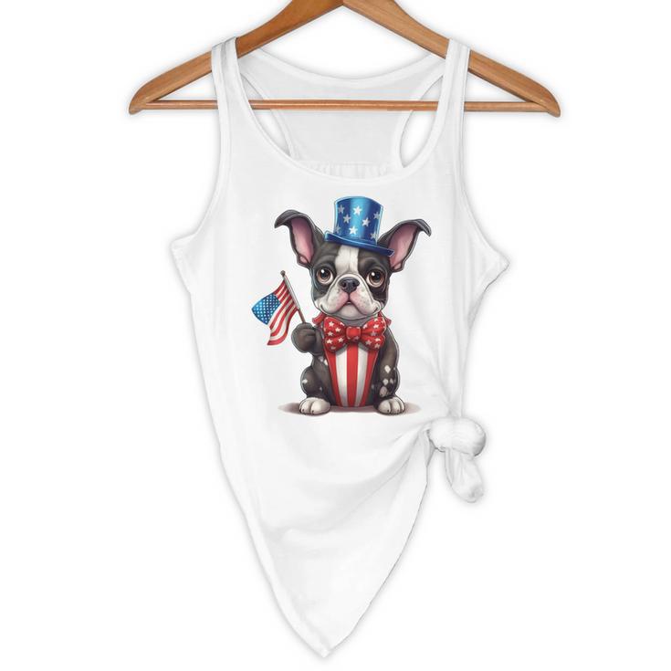 Boston Terrier Puppy Dog Holds His American Flag 4th Of July Flowy Tank, novelty gifts, funny gifts