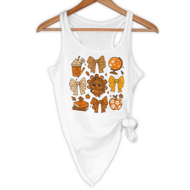 Coquette Teach Teacher Bows Thanksgiving Turkey Fall Autumn Flowy Tank, novelty gifts, funny gifts