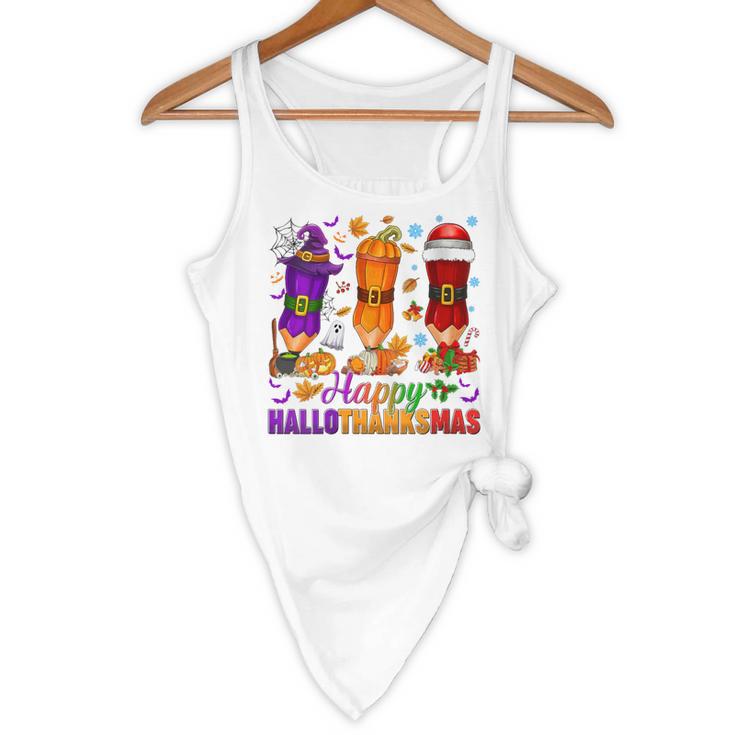 Happy Hallothanksmas Halloween Thanksgiving Pencils Teachers Flowy Tank, novelty gifts, funny gifts