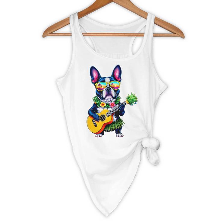 Hawaiian Boston Terrier & Pineapple Ukulele Summer Vacation Flowy Tank, novelty gifts, funny gifts