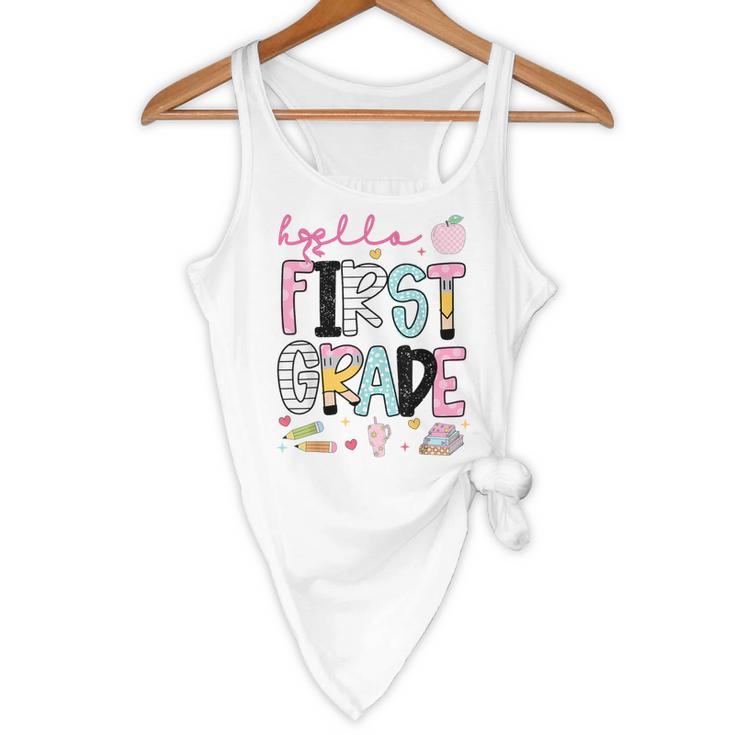Hello First Grade Teacher Coquette Pencil Bow Back To School Flowy Tank, novelty gifts, funny gifts