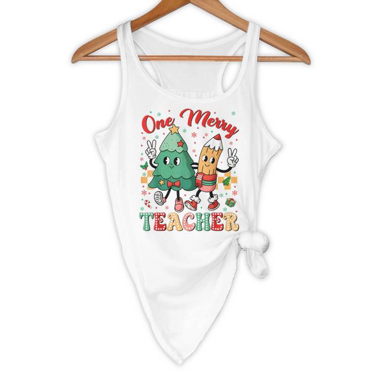 One Merry Teacher Groovy Christmas Tree Pjs Xmas Teacher Flowy Tank, novelty gifts, funny gifts