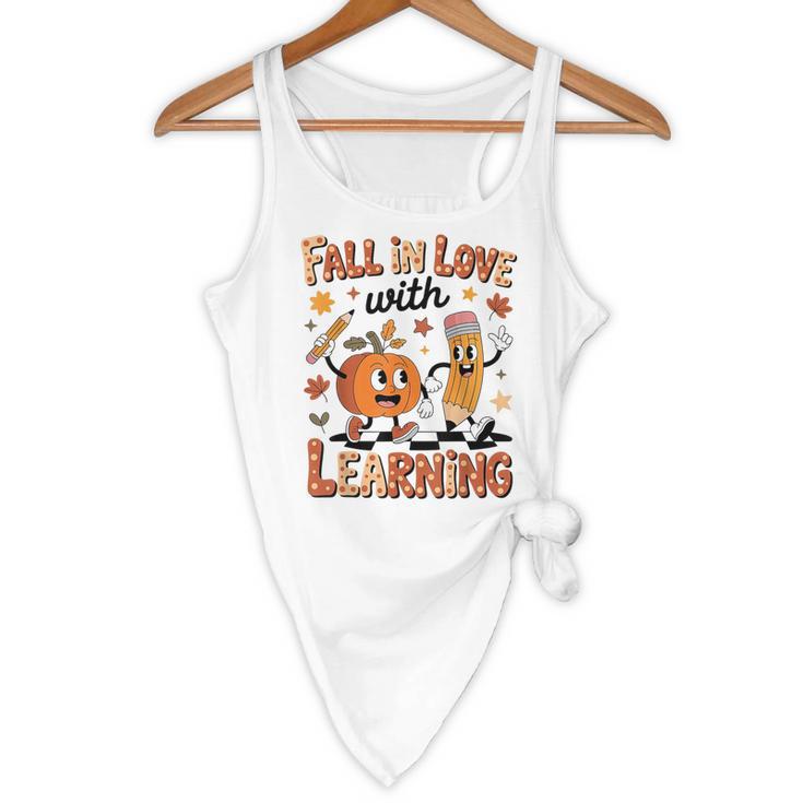 Retro Fall In Love With Learning Autumn Pumpkin Teacher Kids Flowy Tank, novelty gifts, funny gifts