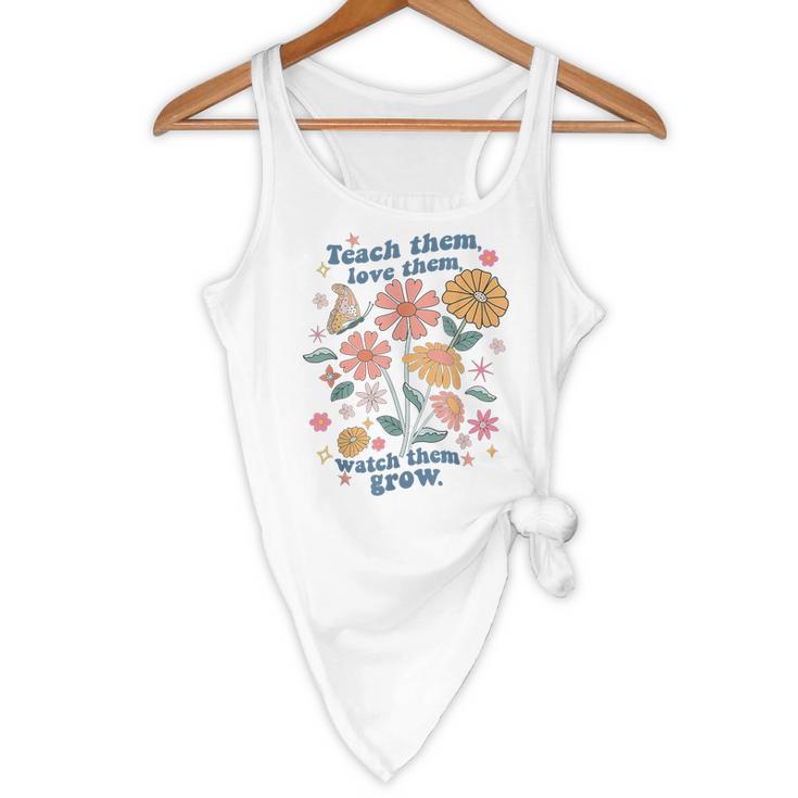 Teach Them Love Them Watch Them Grow Retro Teacher Floral Flowy Tank, novelty gifts, funny gifts