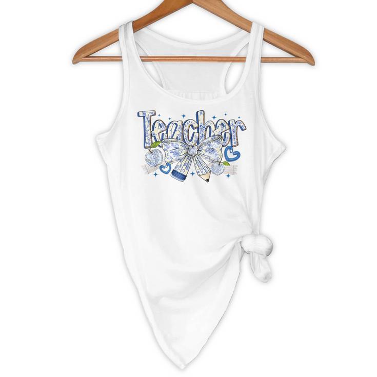 Teacher Blue Chinoiserie Coquette Bow Heart Teacher Life Flowy Tank, novelty gifts, funny gifts