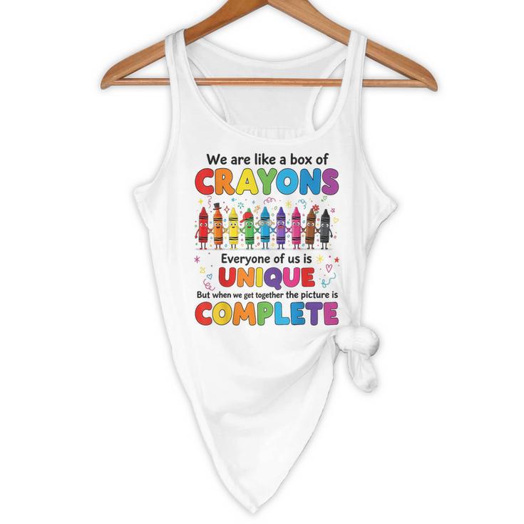 Teacher We Are Like a Box Of Crayons Back To School Flowy Tank, novelty gifts, funny gifts