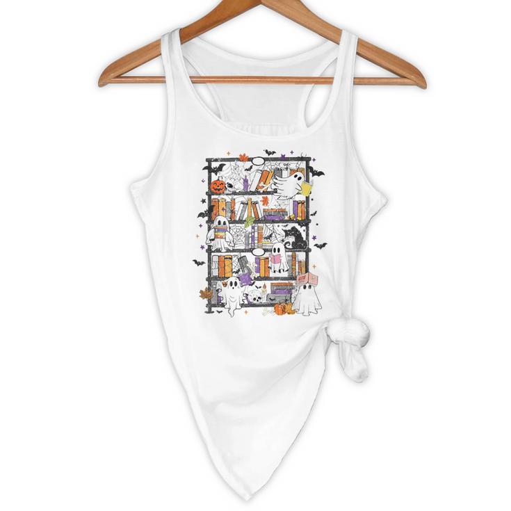 Teacher Library Ghost Reading Book Halloween Cat Flowy Tank, novelty gifts, funny gifts