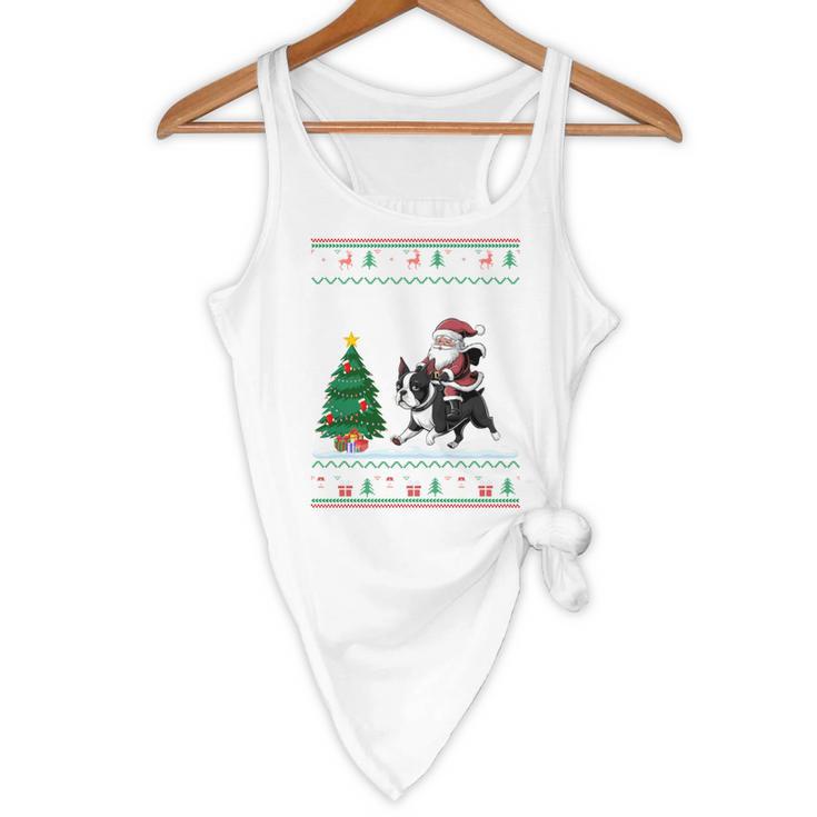 Ugly Christmas Tree Lights Xmas Santa Riding Boston Terrier Flowy Tank, novelty gifts, funny gifts