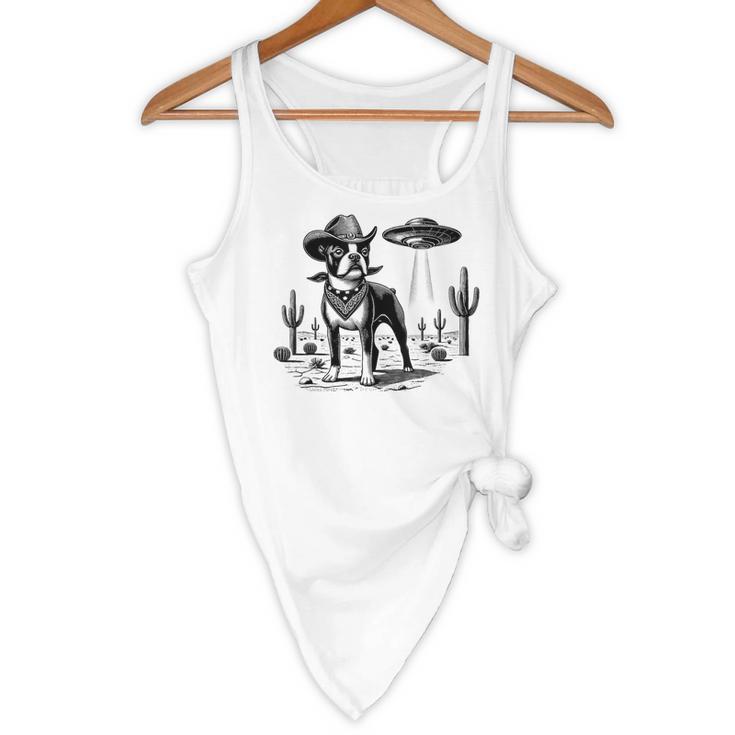 Vintage Boston Terrier UFO Western Wild West Dog Mom Dad Flowy Tank, novelty gifts, funny gifts
