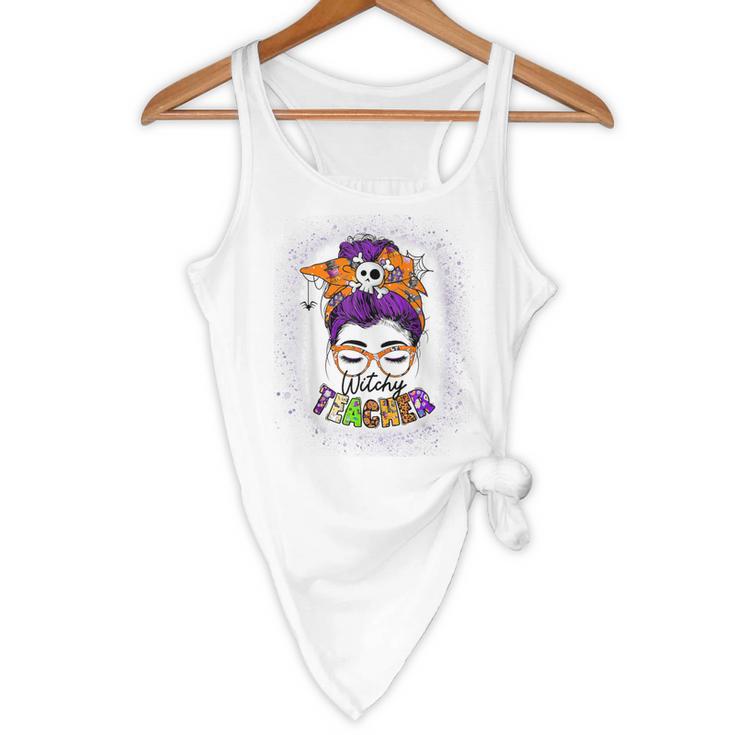 Witchy Teacher Halloween Messy Bun Teacher Bleached Flowy Tank, novelty gifts, funny gifts Witchy Teacher Halloween Messy Bun Teacher Bleached Flowy Tank, novelty gifts, funny gifts
