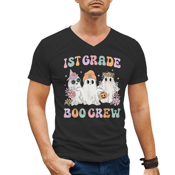 1st Grade Boo Crew Groovy Halloween Floral Ghost Kid Teacher Men's V-Neck T-Shirt
