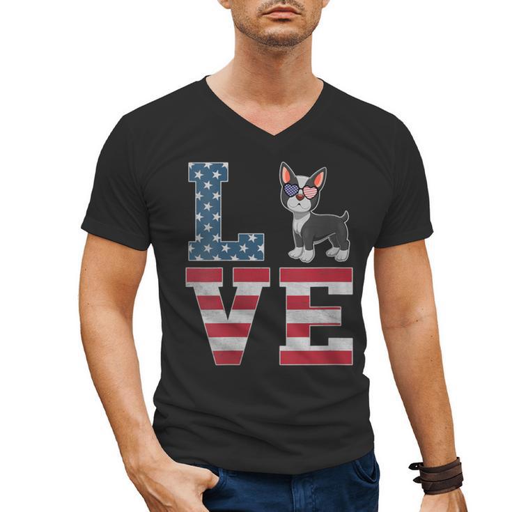 4th Of July Decor Patriotic LOVE Boston Terrier USA Flag Men's V-Neck T-Shirt