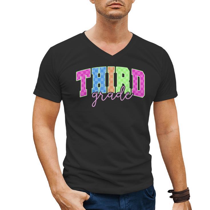 Back To School Neon Checkered Third Grade Colorful Teacher Men's V-Neck T-Shirt