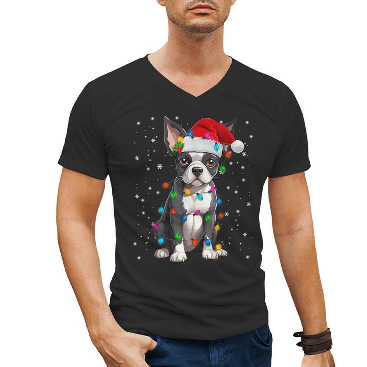 Boston Terrier Christmas Santa Hat Tree Lights Pajama Men's V-Neck T-Shirt