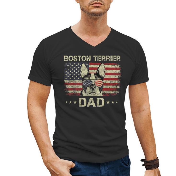 Boston Terrier Dad Dog Lovers American Flag 4th Of July For Women Men Men's V-Neck T-Shirt