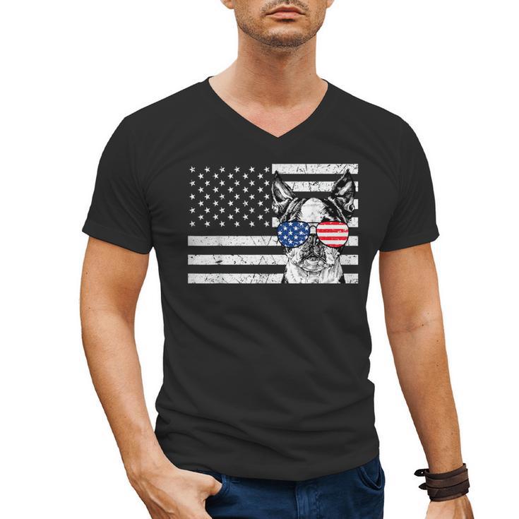 Boston Terrier Dog 4th Of July US American Flag Patriotic Men's V-Neck T-Shirt