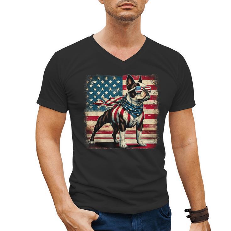 Boston Terrier Dog 4th Of July USA American Flag Patriotic Men's V-Neck T-Shirt