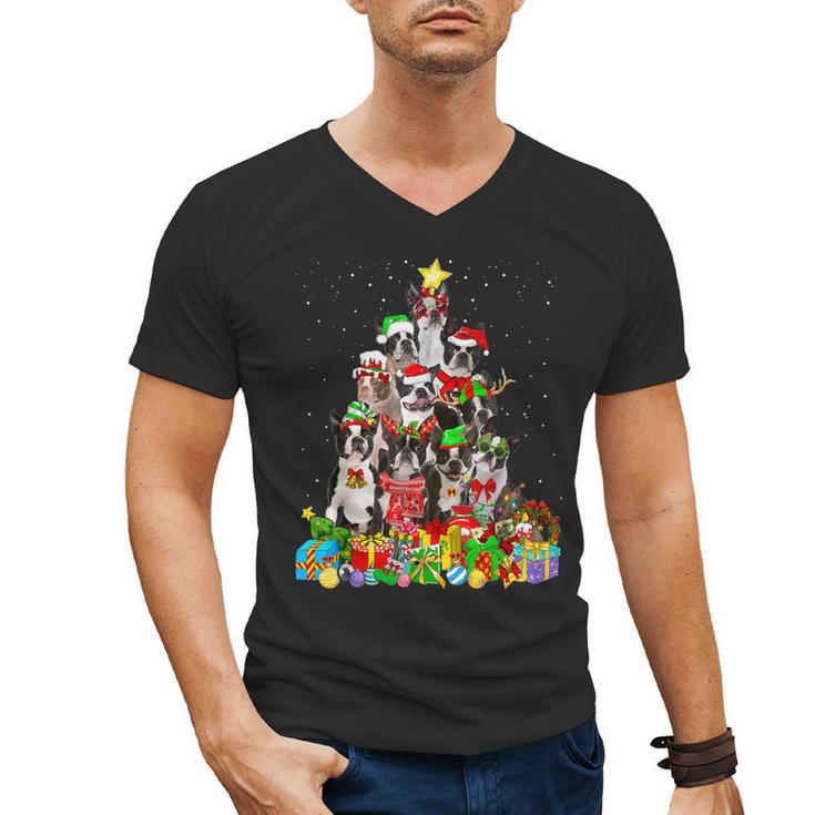 Boston Terrier Dog Christmas Tree Lights Xmas Pajama For Men Women Kids Men's V-Neck T-Shirt