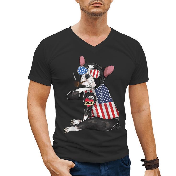 Boston Terrier Dog Merica 4th Of July Usa American Flag Men Men's V-Neck T-Shirt
