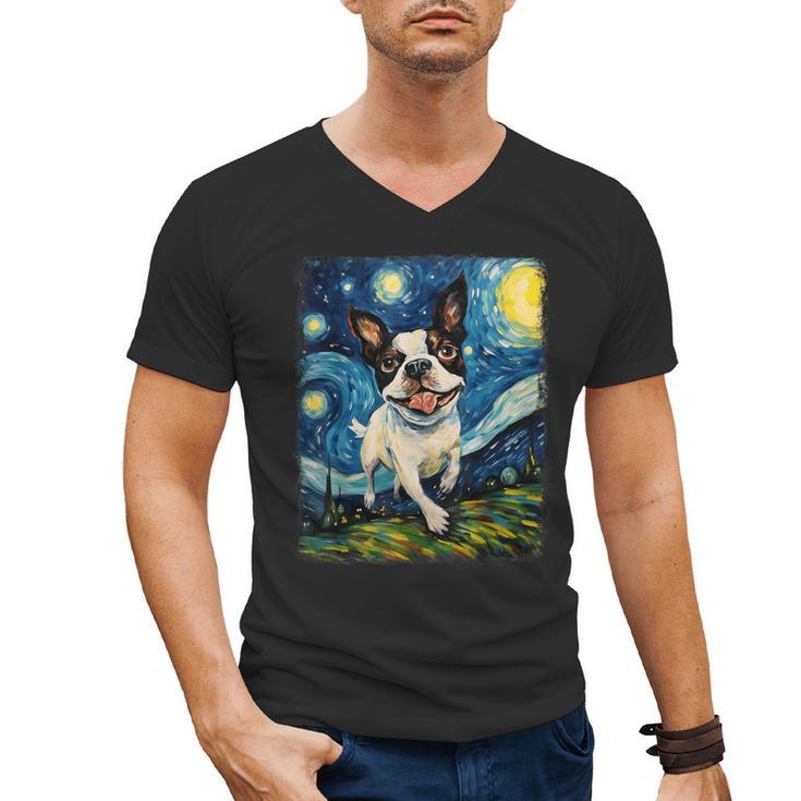 Boston Terrier Dog Starry Night Painting Men's V-Neck T-Shirt