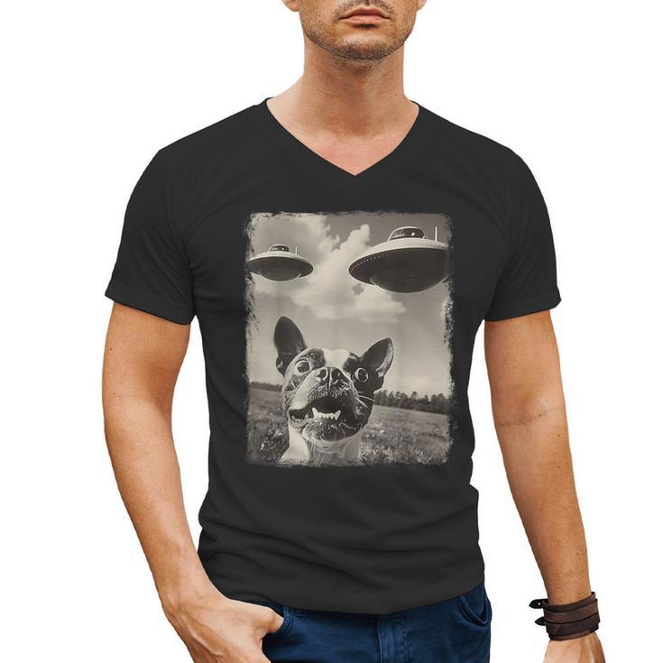 Boston Terrier Dog UFO Alien Extraterrestrial Selfie Men's V-Neck T-Shirt