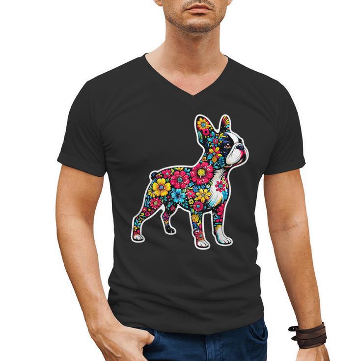 Boston Terrier Floral Vintage Dog Mom Distressed Men Women Kids Men's V-Neck T-Shirt