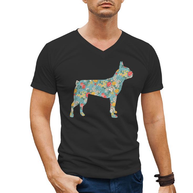 Boston Terrier Flower Silhouette Floral Dog Men Women Girls Kids Men's V-Neck T-Shirt