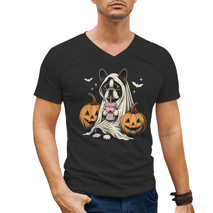 Boston Terrier Ghost Boo Halloween Costume Spooky Season Men's V-Neck T-Shirt