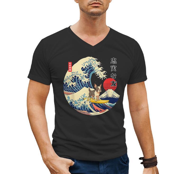 Boston Terrier Japanese Kanagawa Wave Surf Loyal Dog Men Women Kids Men's V-Neck T-Shirt