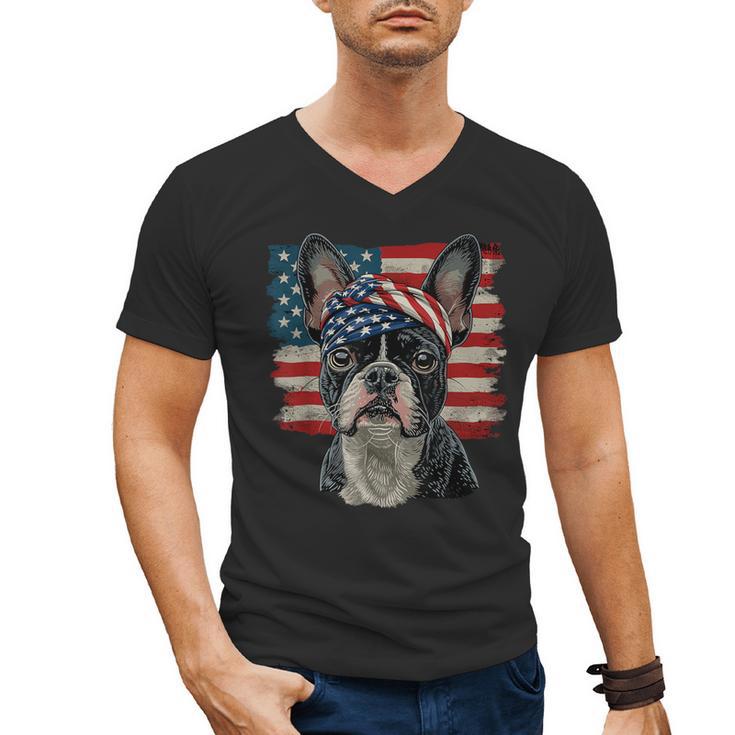 Boston Terrier Patriotic 4th Of July USA American Flag Men's V-Neck T-Shirt
