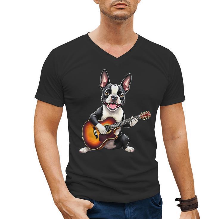 Boston Terrier Playing Guitar  Boston Terrier Men's V-Neck T-Shirt