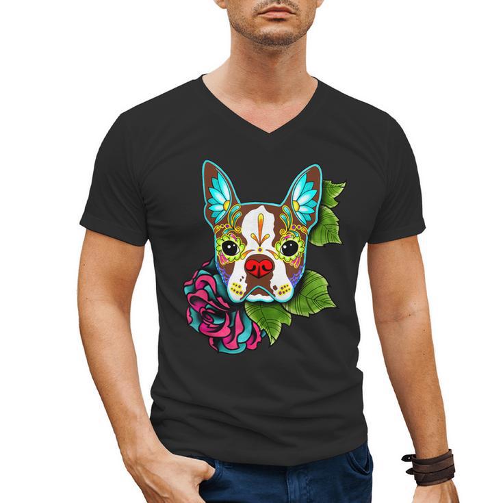 Boston Terrier In Red Day Of The Dead Sugar Skull Dog Men's V-Neck T-Shirt