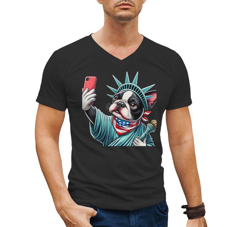 Boston Terrier Selfie Statue Of Liberty 4th Of July American Men's V-Neck T-Shirt