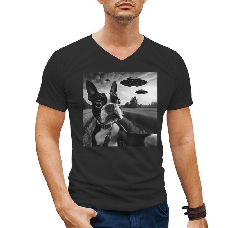 Boston Terrier Graphic Selfie With UFOs Weird Aliens Men's V-Neck T-Shirt