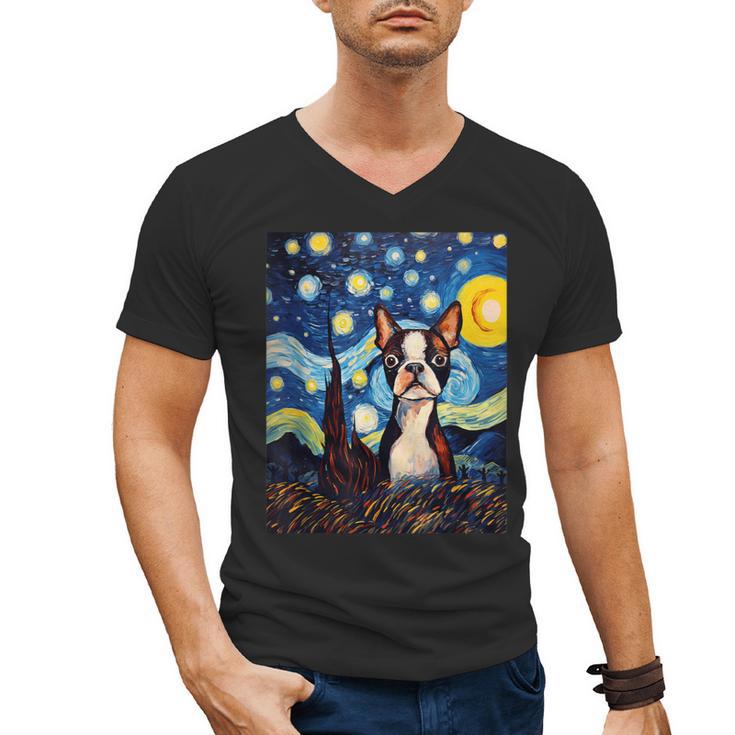 Boston Terrier Starry Night Van Gogh Art Men's V-Neck T-Shirt