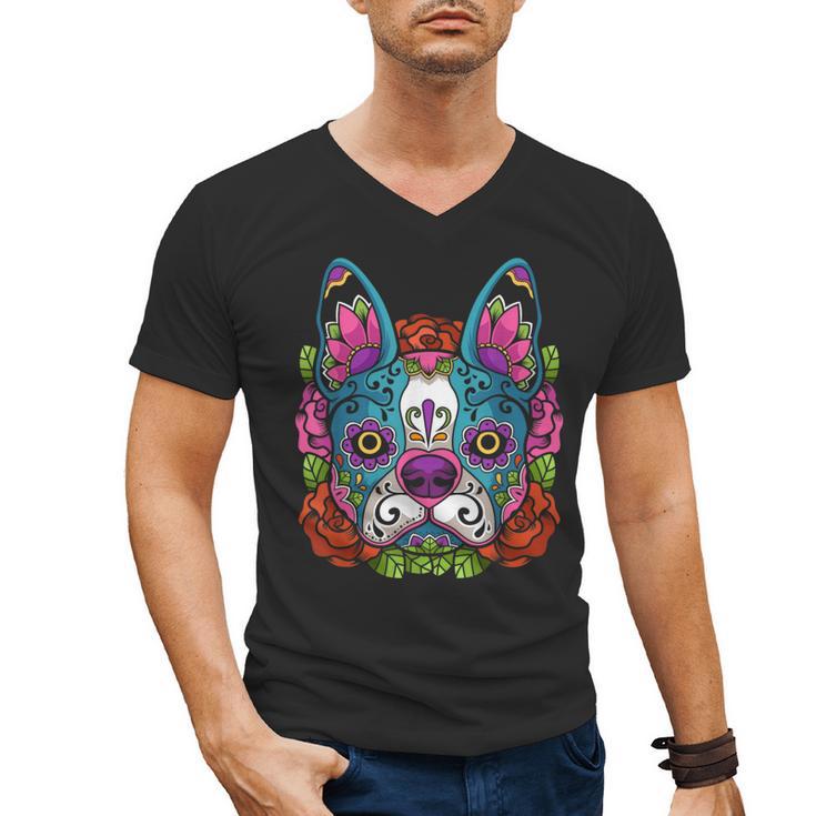 Boston Terrier Sugar Skull Dog Day Of The Dead Men's V-Neck T-Shirt